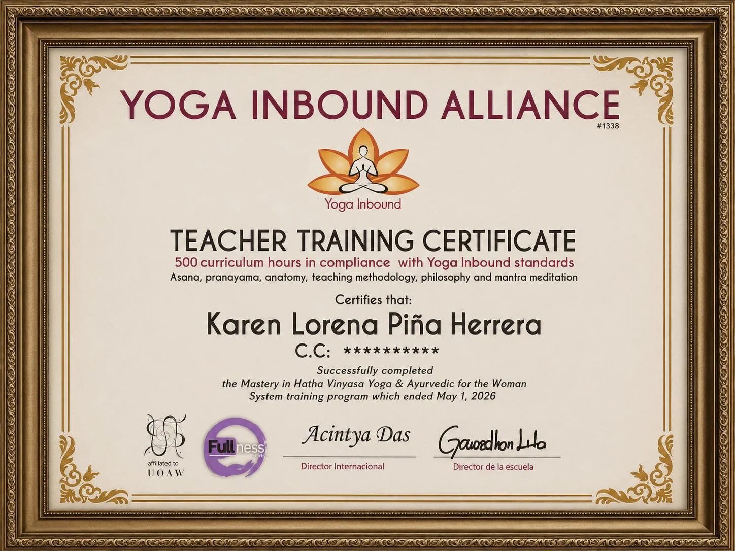 Training certificate yoga